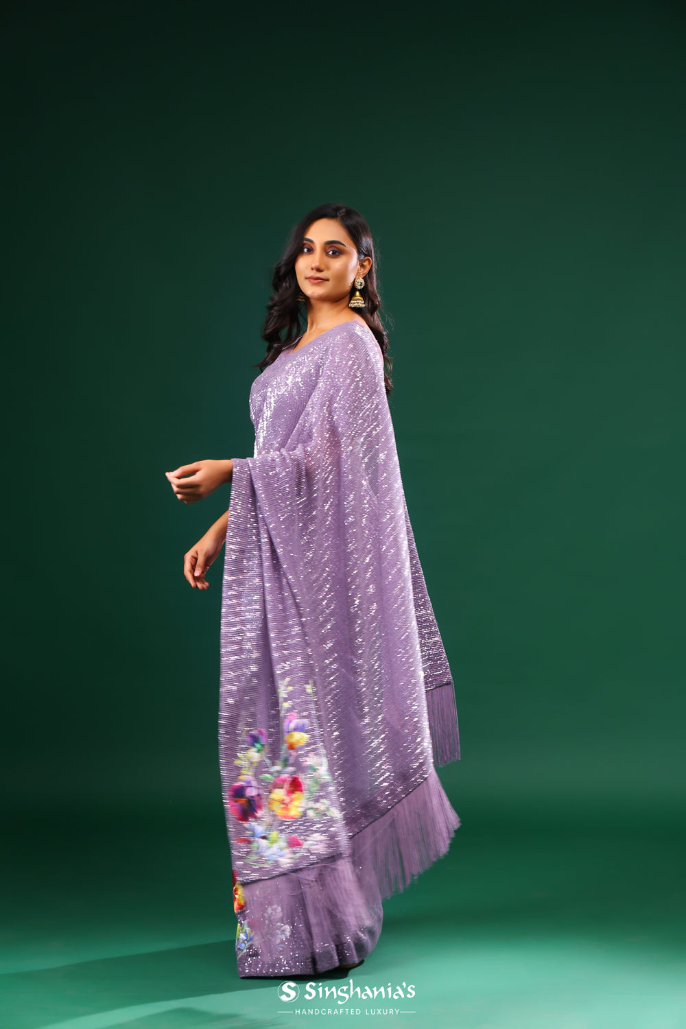 Strong Purple Net Designer Saree With Floral Embroidery