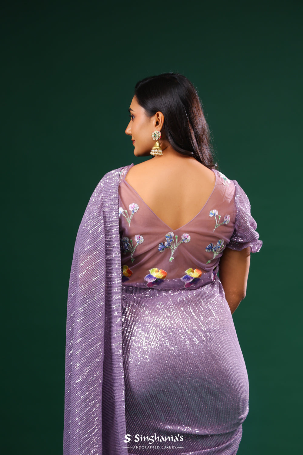 Strong Purple Net Designer Saree With Floral Embroidery