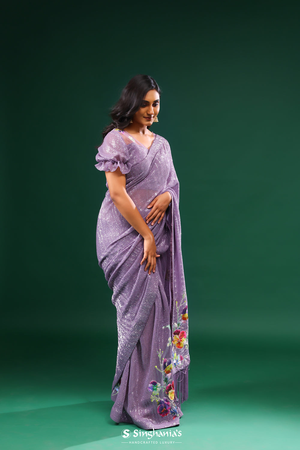 Strong Purple Net Designer Saree With Floral Embroidery