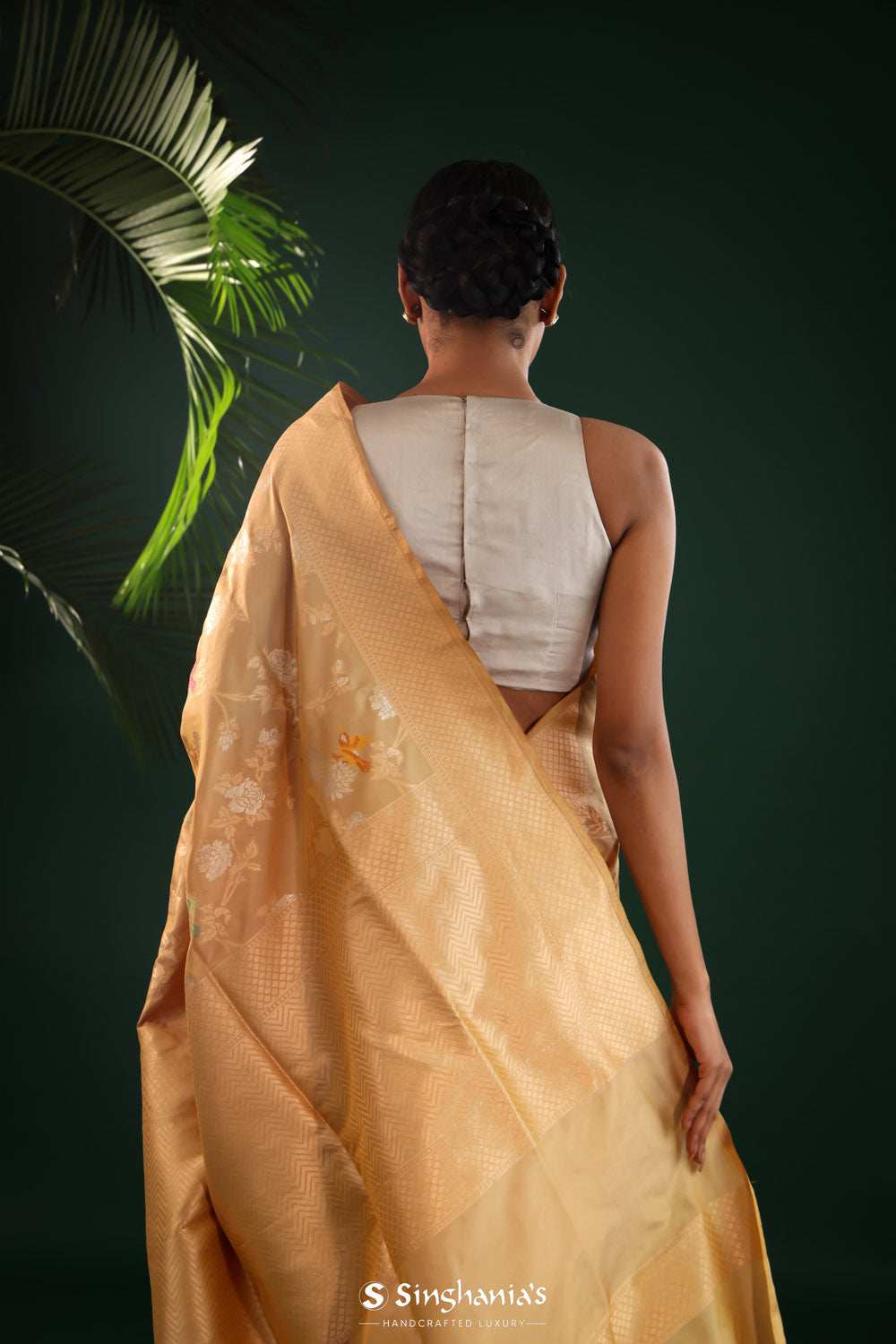 Chinese Green Banarasi Silk Saree With Meenakari Floral-Bird Jaal