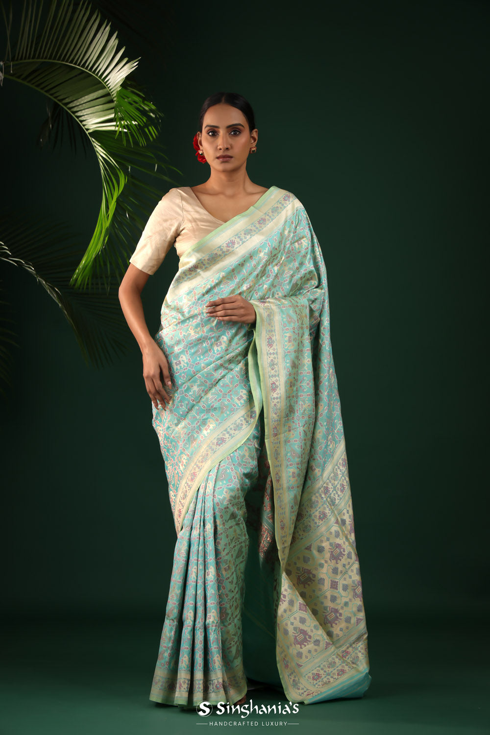 Tiffany Blue Banarasi Silk Saree With Pastel Ikat Patterns