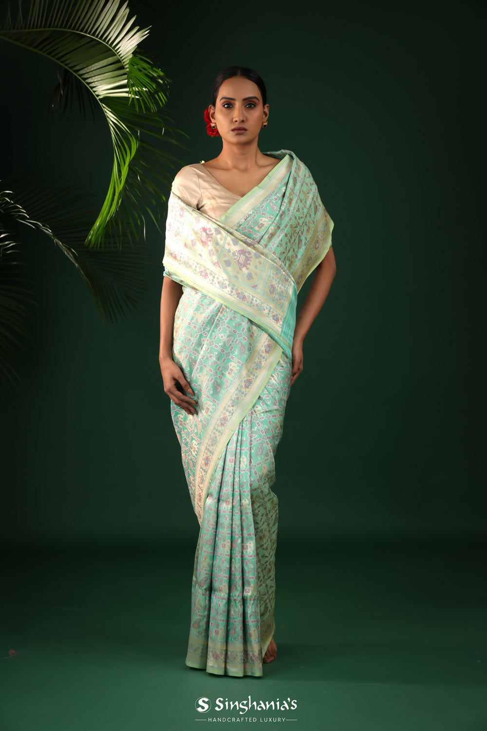 Tiffany Blue Banarasi Silk Saree With Pastel Ikat Patterns