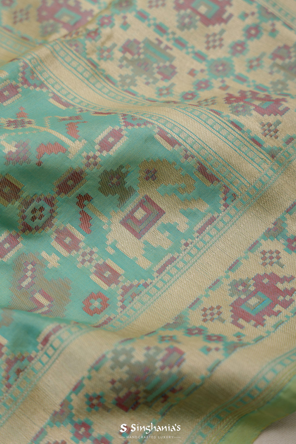 Tiffany Blue Banarasi Silk Saree With Pastel Ikat Patterns