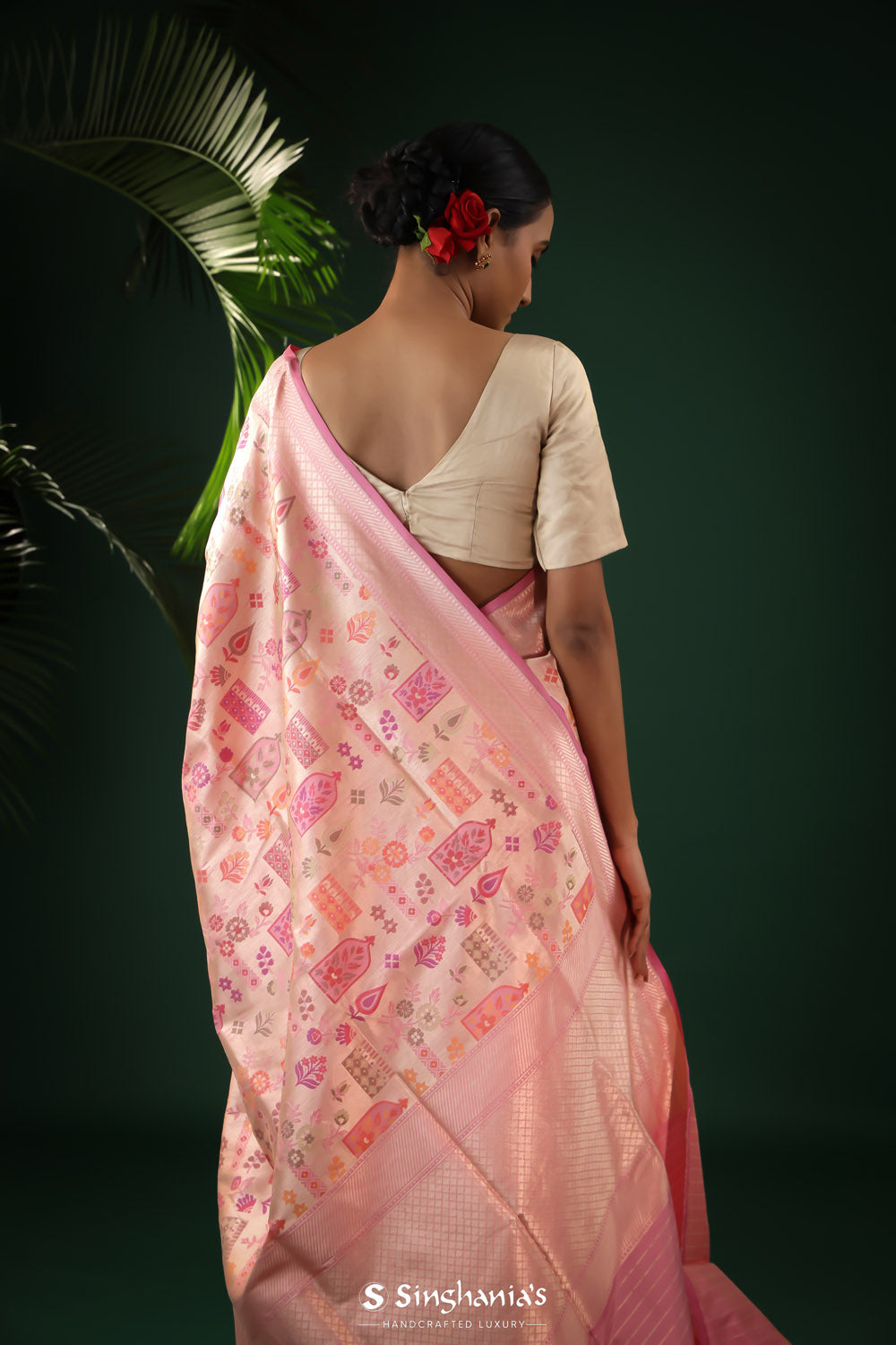 Wild Orchid Pink Banarasi Silk Saree With Floral Buttas