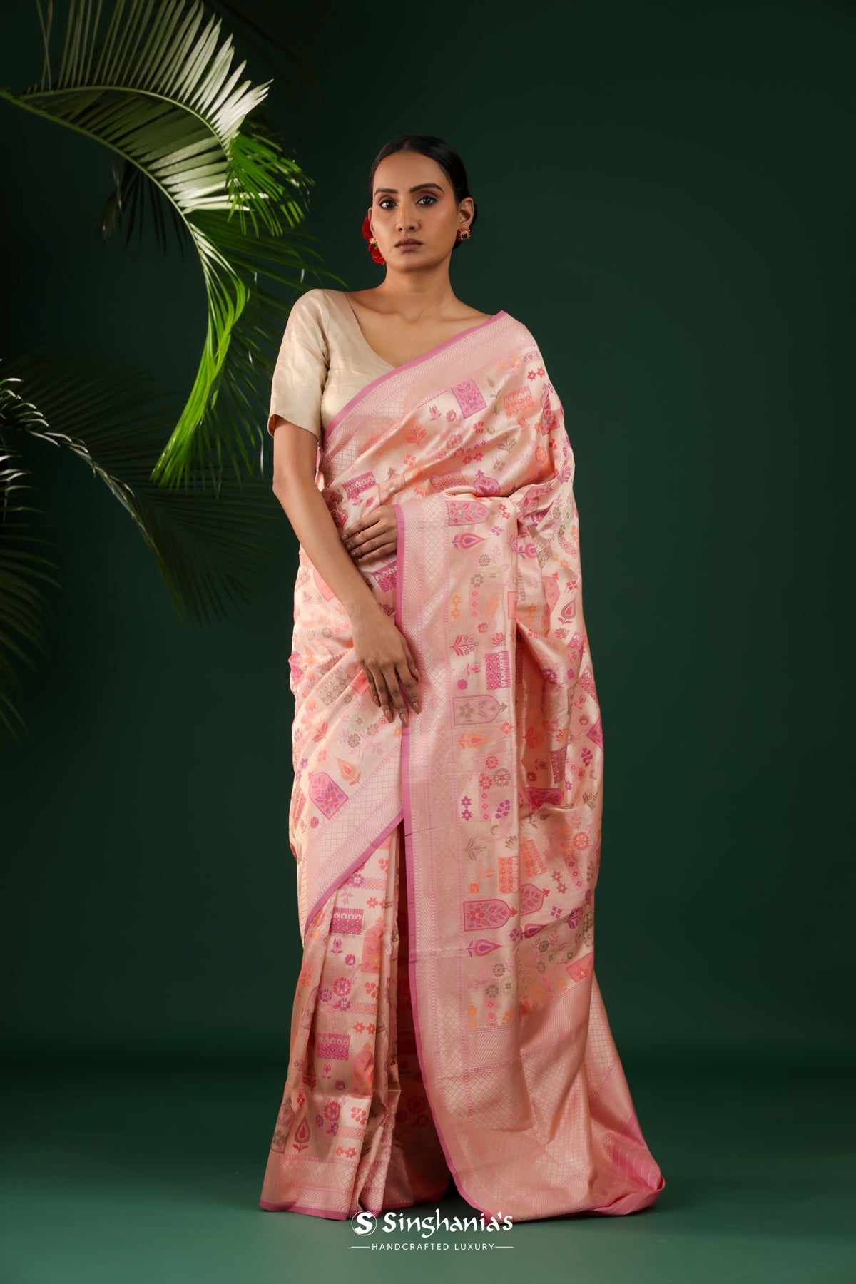 Wild Orchid Pink Banarasi Silk Saree With Floral Buttas