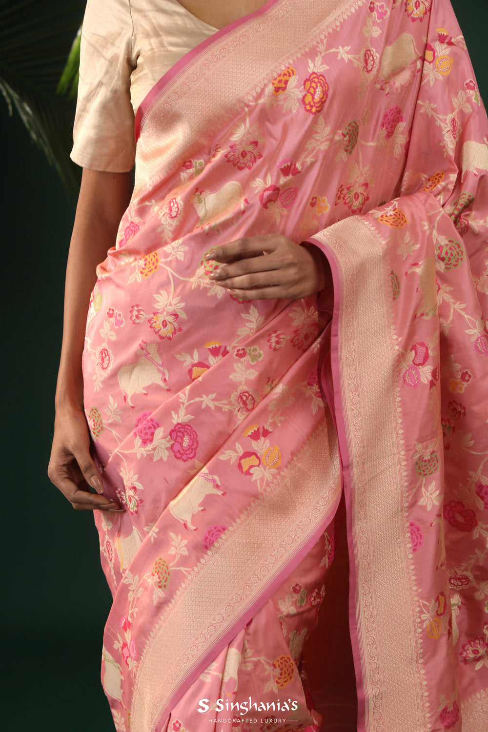 Valentine Pink Banarasi Silk Saree With Floral-Cow Weaving