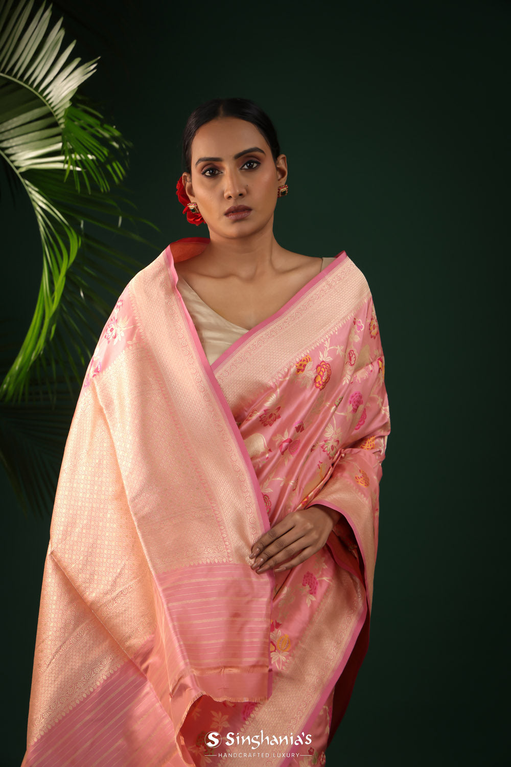 Valentine Pink Banarasi Silk Saree With Floral-Cow Weaving