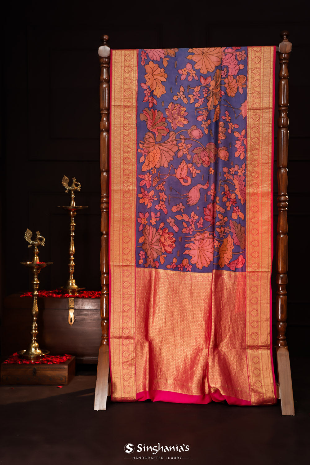 Slate Blue Kalamkari Silk Handpainted Saree With Kanjivaram Border