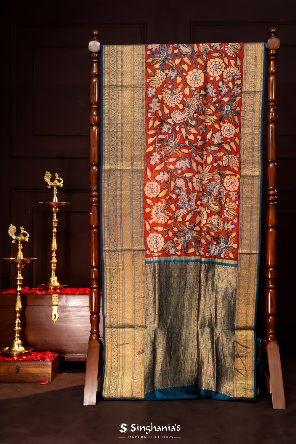 Venetian Red Kalamkari Silk Handpainted Saree With Kanjivaram Border