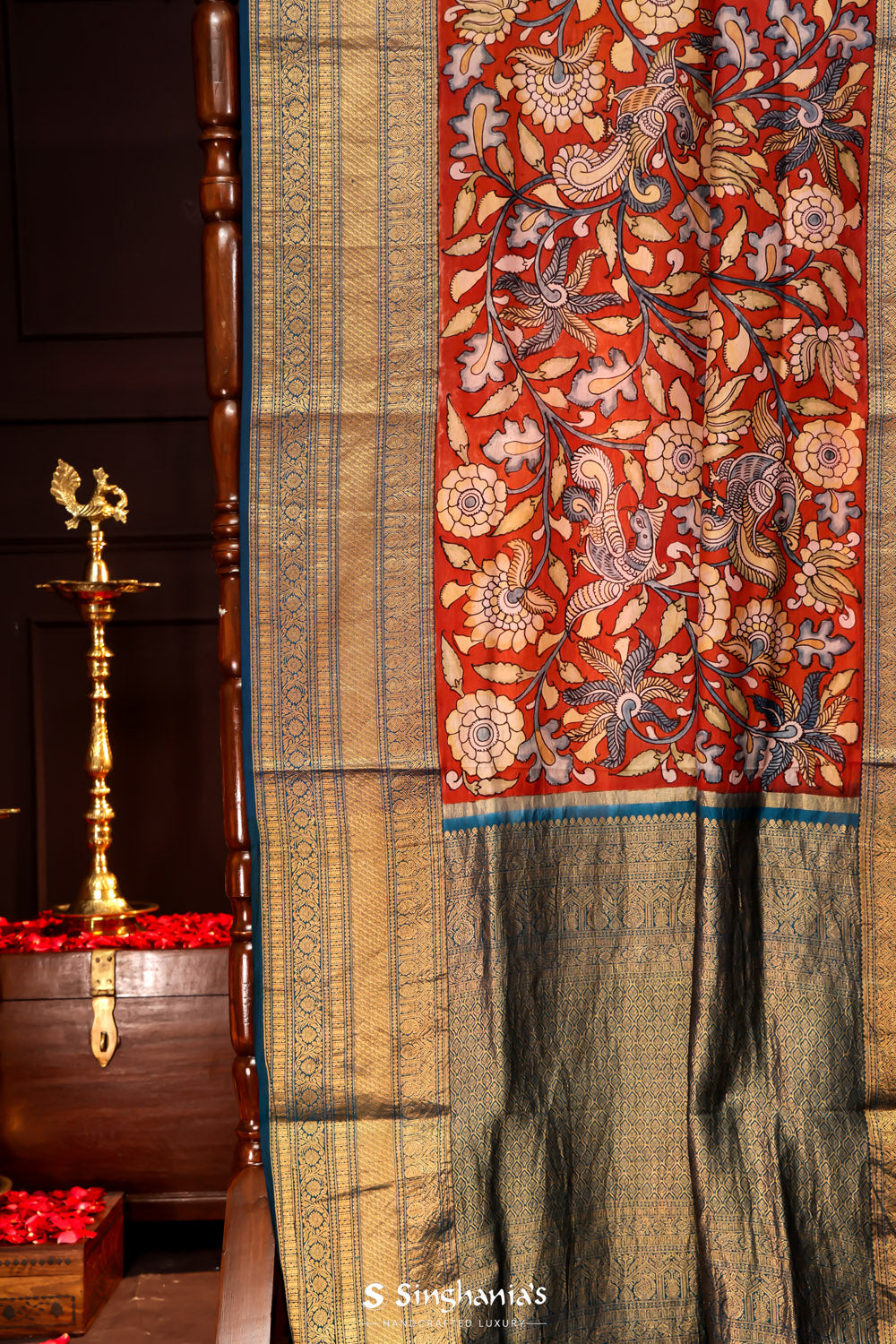 Venetian Red Kalamkari Silk Handpainted Saree With Kanjivaram Border