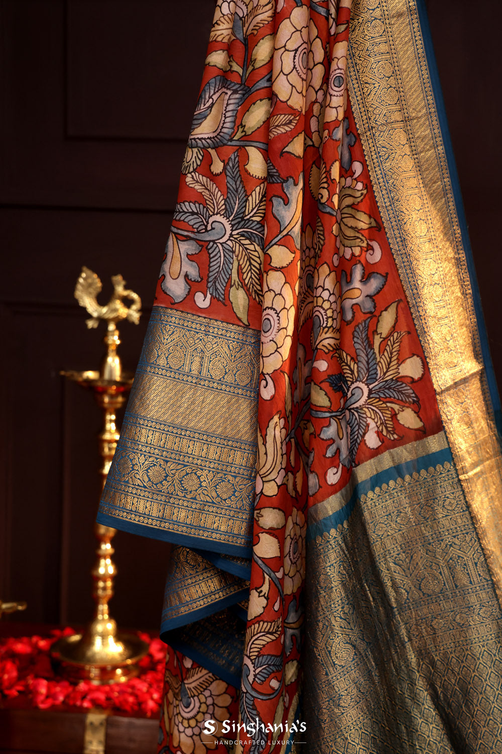 Venetian Red Kalamkari Silk Handpainted Saree With Kanjivaram Border