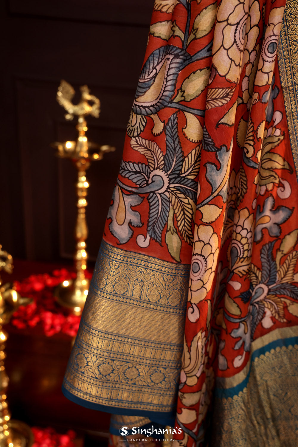 Venetian Red Kalamkari Silk Handpainted Saree With Kanjivaram Border