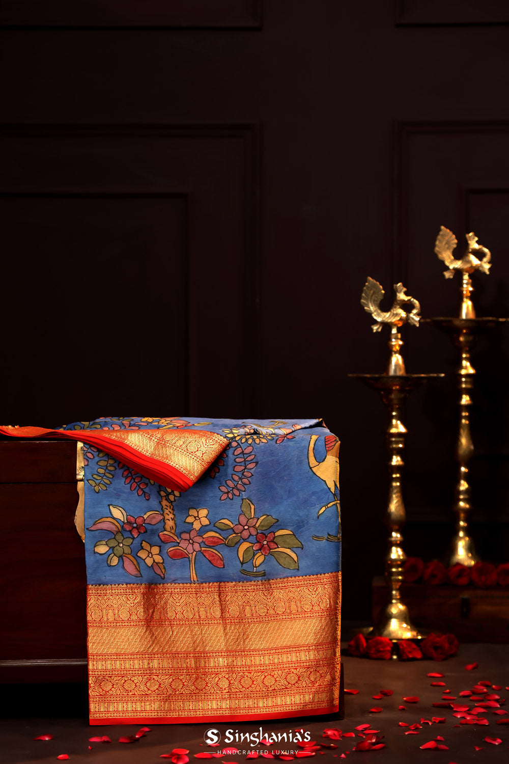 True Blue Kalamkari Silk Handpainted Saree With Kanjivaram Border