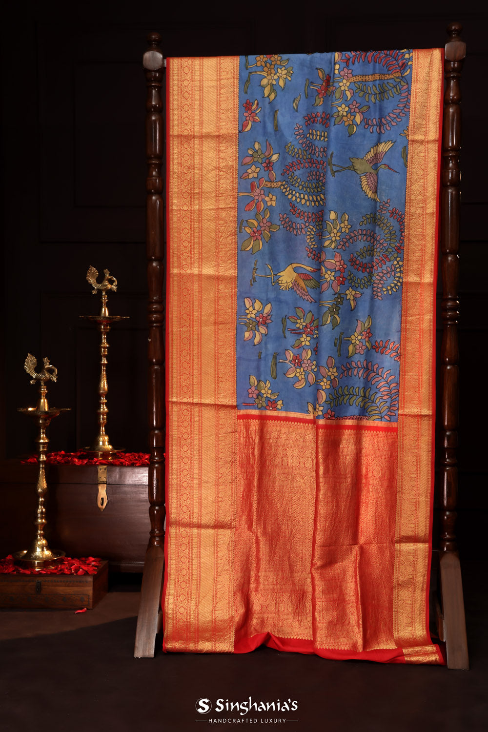 True Blue Kalamkari Silk Handpainted Saree With Kanjivaram Border