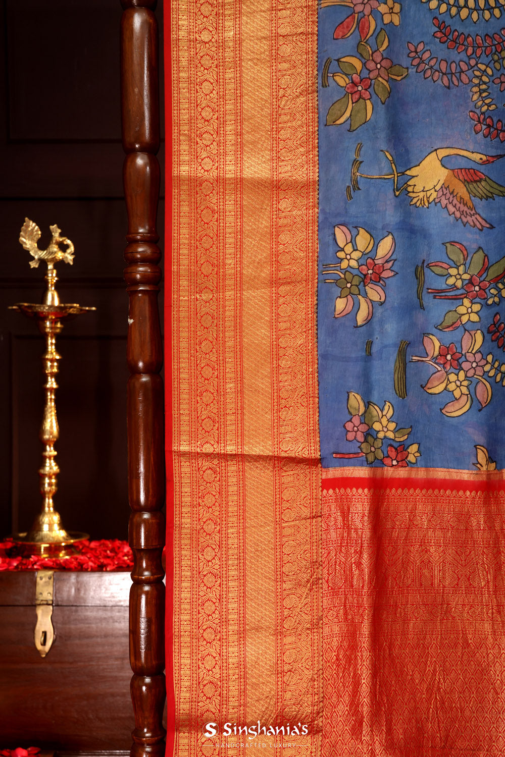 True Blue Kalamkari Silk Handpainted Saree With Kanjivaram Border