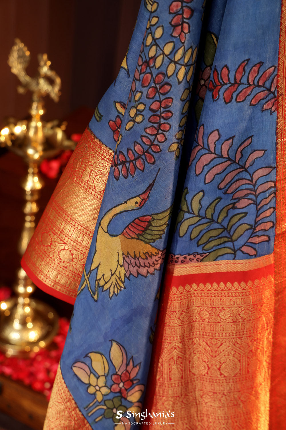 True Blue Kalamkari Silk Handpainted Saree With Kanjivaram Border