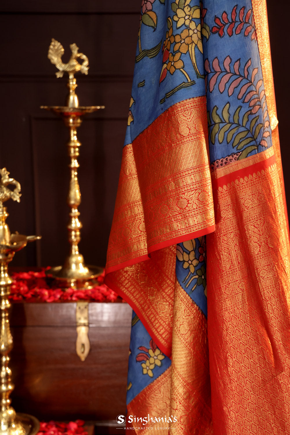 True Blue Kalamkari Silk Handpainted Saree With Kanjivaram Border