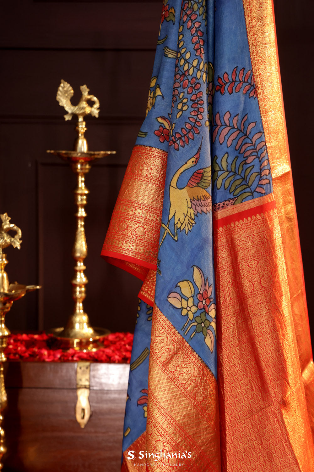 True Blue Kalamkari Silk Handpainted Saree With Kanjivaram Border