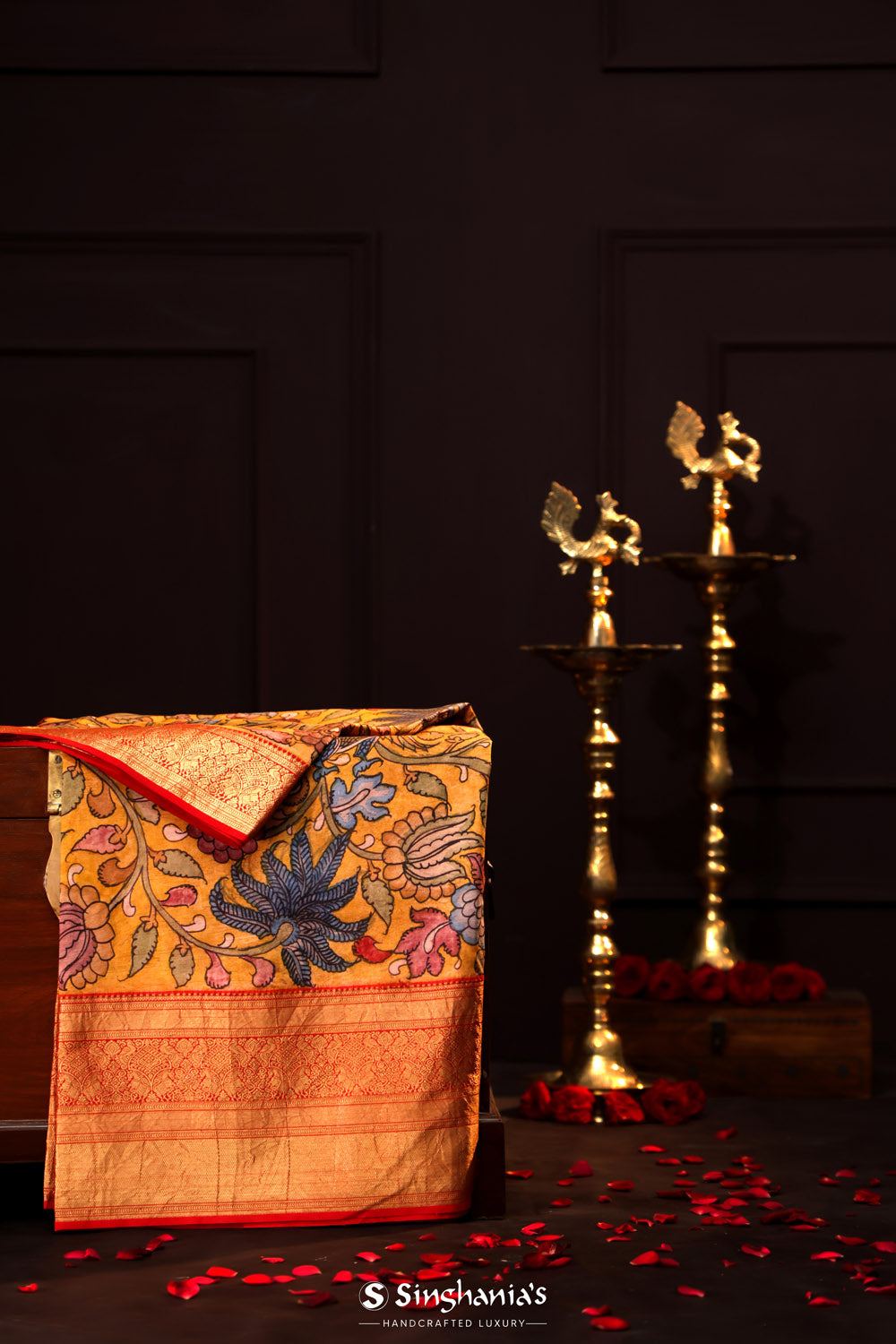 Fire Yellow Kalamkari Silk Handpainted Saree With Kanjivaram Border