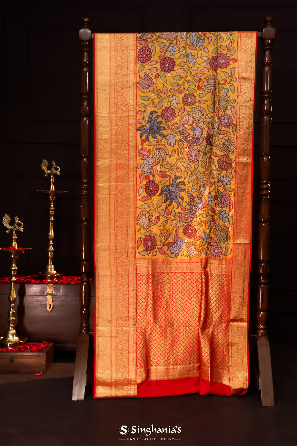 Fire Yellow Kalamkari Silk Handpainted Saree With Kanjivaram Border