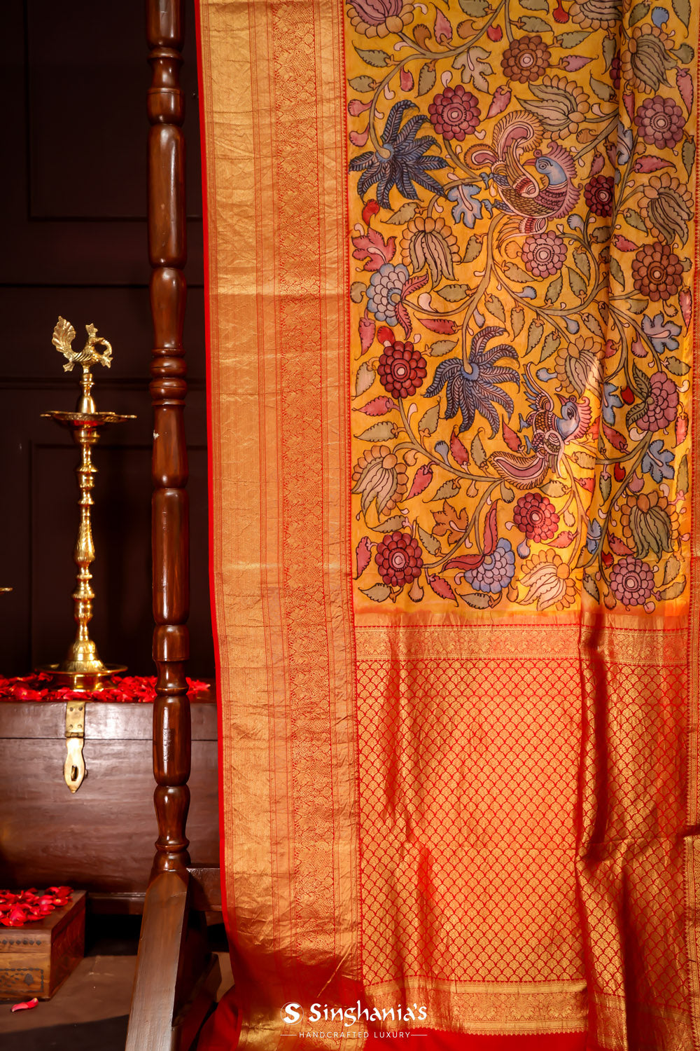 Fire Yellow Kalamkari Silk Handpainted Saree With Kanjivaram Border