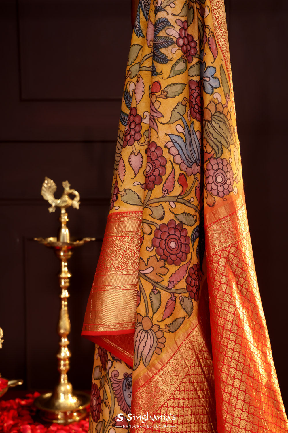 Fire Yellow Kalamkari Silk Handpainted Saree With Kanjivaram Border