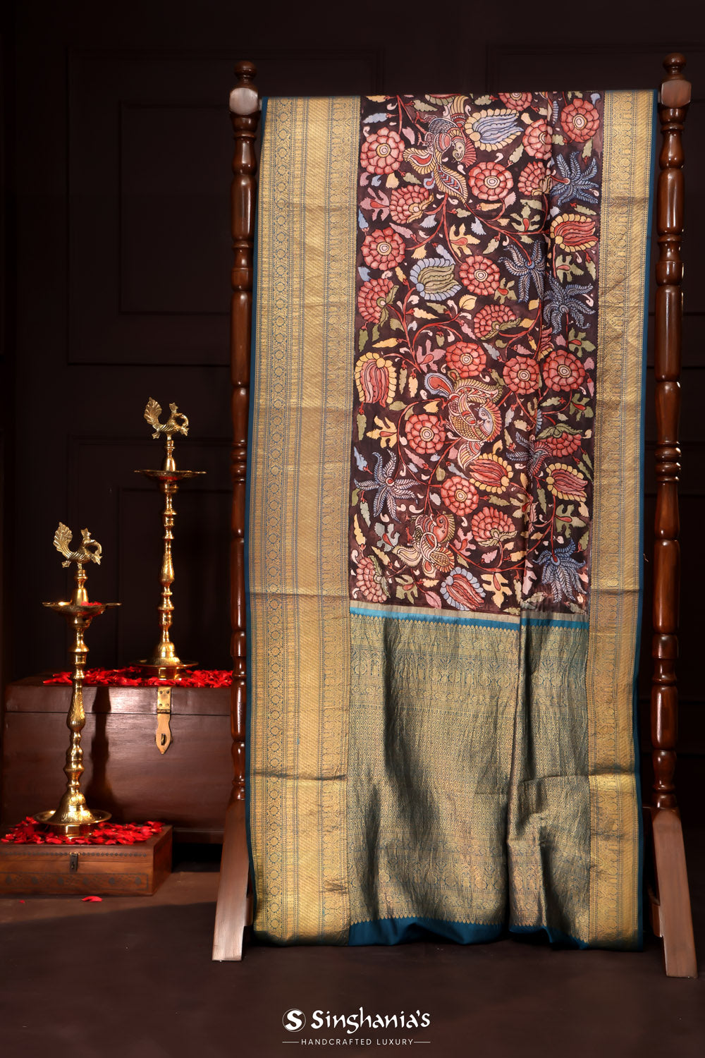 Rustic Purple Kalamkari Silk Handpainted Saree With Kanjivaram Border