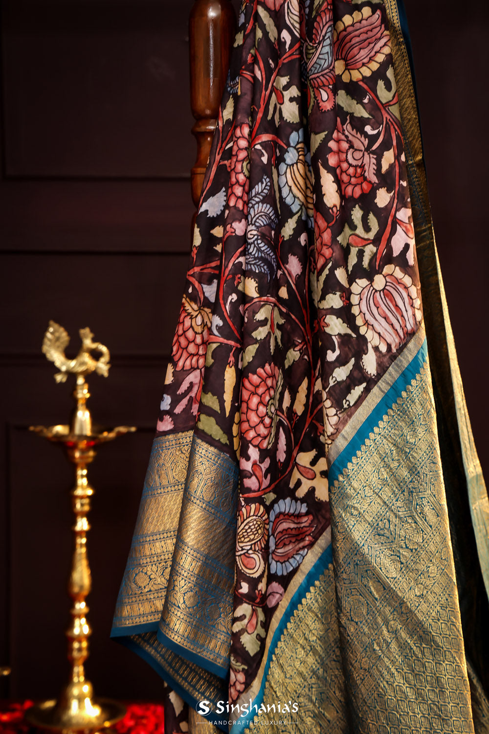 Rustic Purple Kalamkari Silk Handpainted Saree With Kanjivaram Border