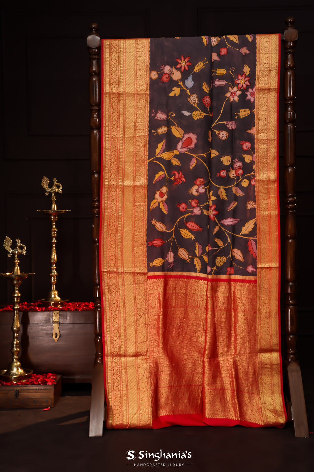 Matte Purple Kalamkari Silk Handpainted Saree With Kanjivaram Border