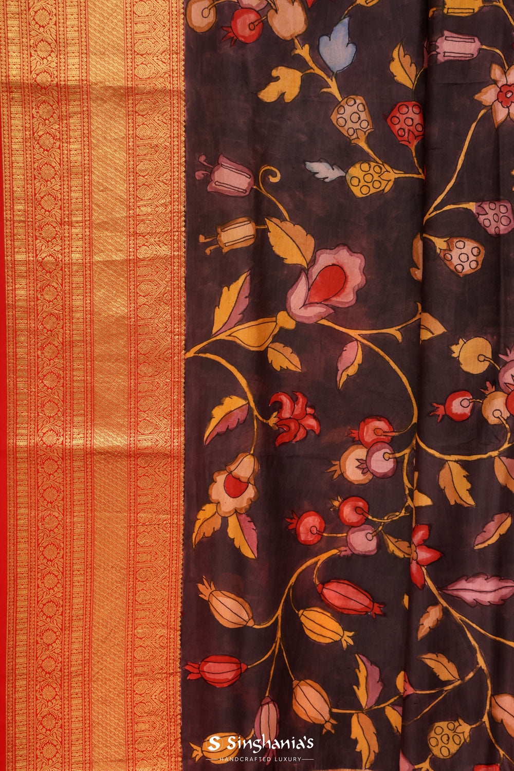 Matte Purple Kalamkari Silk Handpainted Saree With Kanjivaram Border