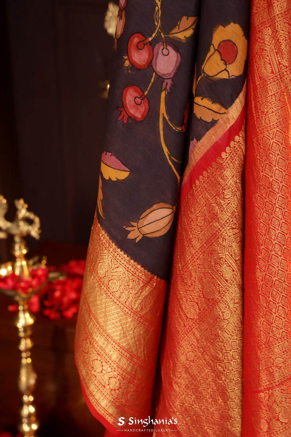 Matte Purple Kalamkari Silk Handpainted Saree With Kanjivaram Border