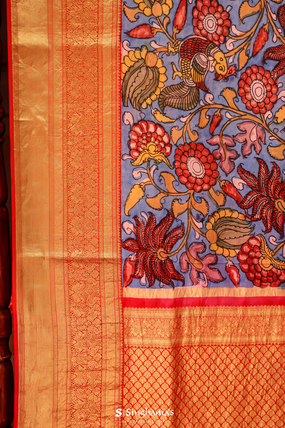 Ruddy Blue Kalamkari Silk Handpainted Saree With Kanjivaram Border