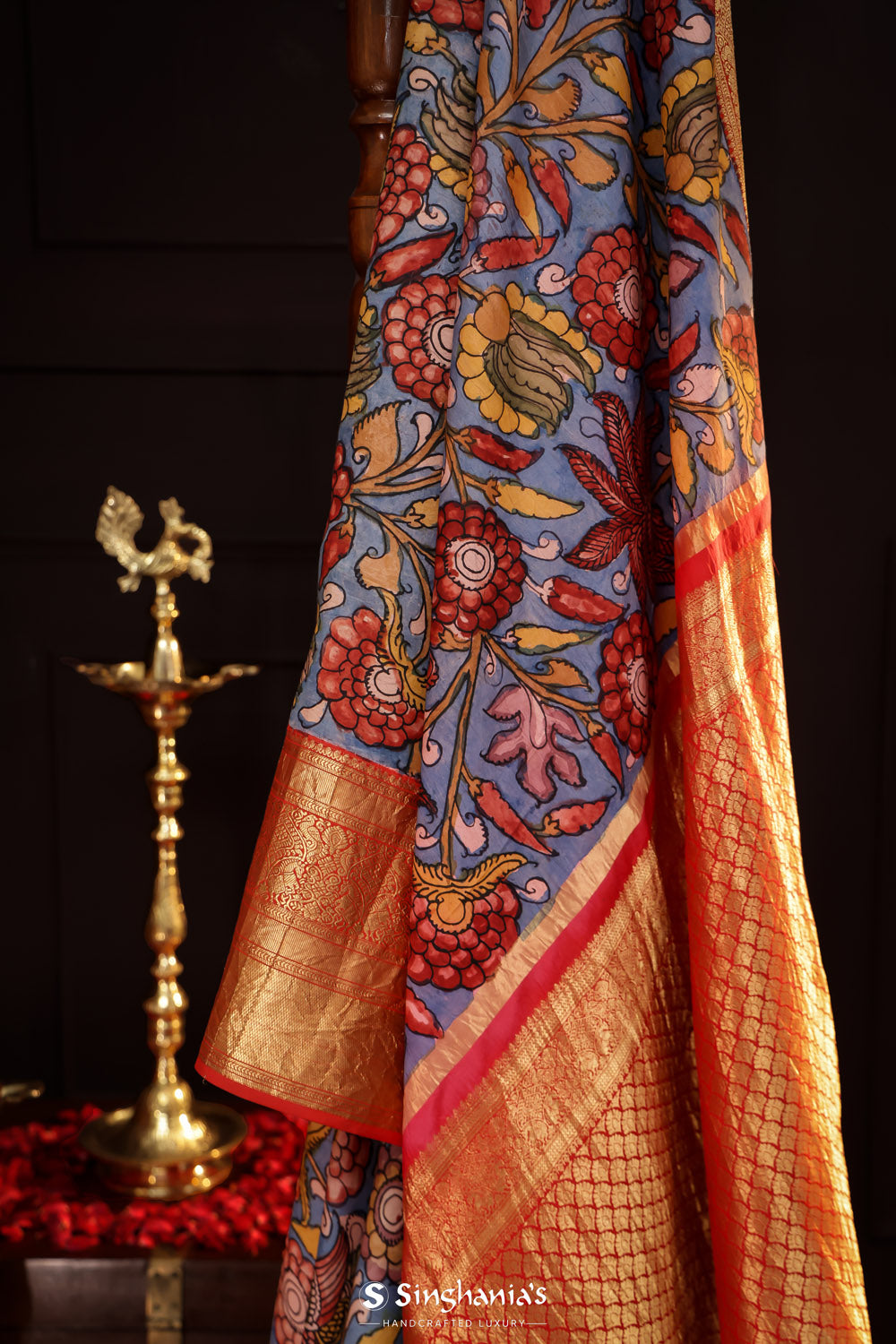 Ruddy Blue Kalamkari Silk Handpainted Saree With Kanjivaram Border