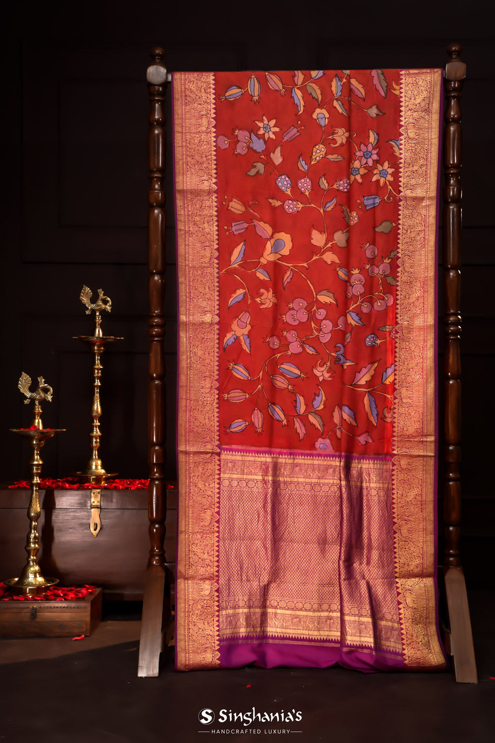 Rusty Red Kalamkari Silk Handpainted Saree With Kanjivaram Border