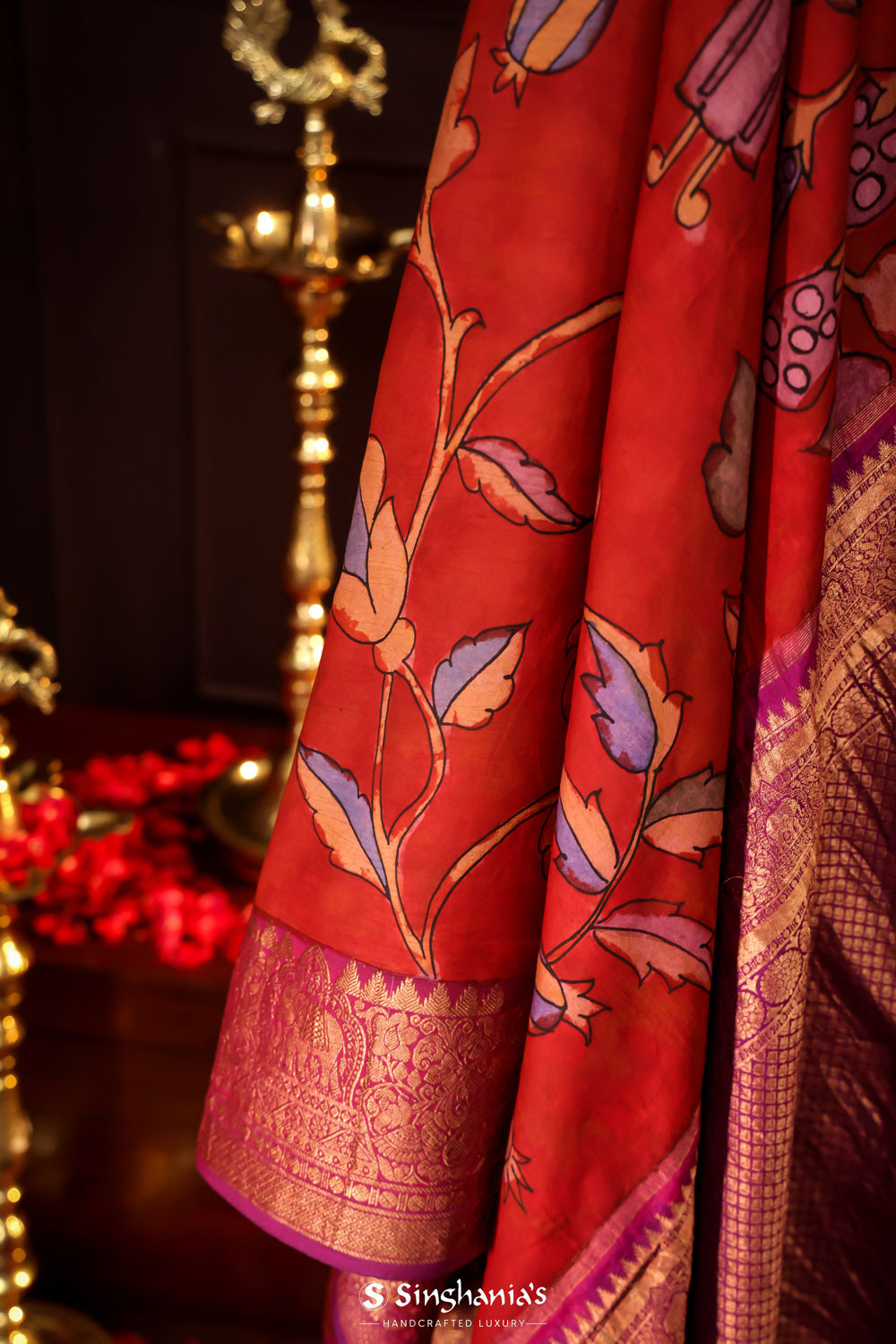 Rusty Red Kalamkari Silk Handpainted Saree With Kanjivaram Border