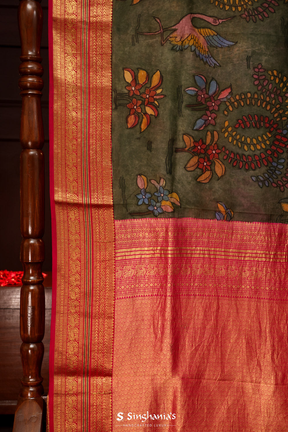 Castleton Green Kalamkari Silk Handpainted Saree With Kanjivaram Border