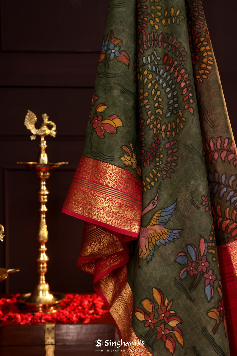 Castleton Green Kalamkari Silk Handpainted Saree With Kanjivaram Border