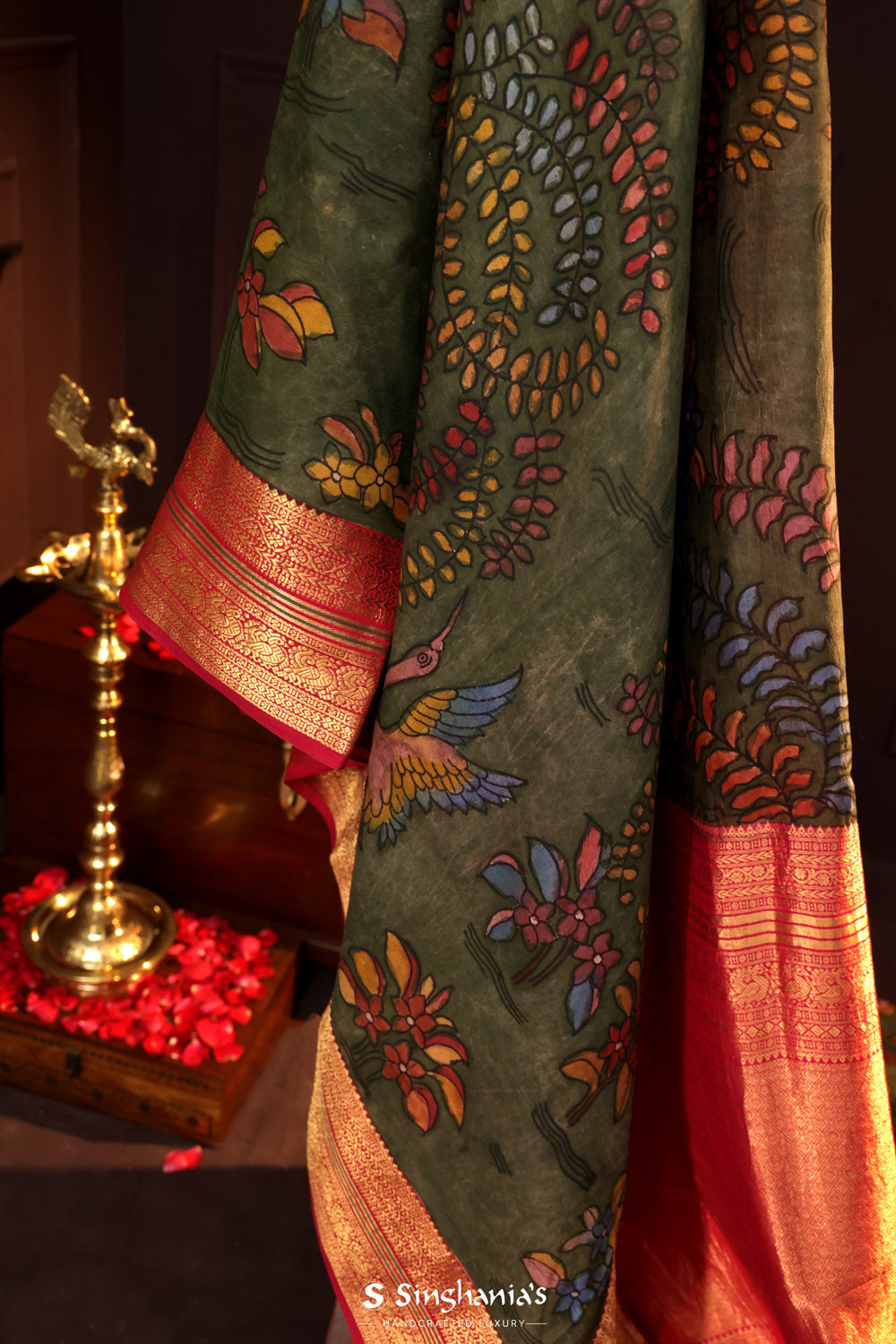 Castleton Green Kalamkari Silk Handpainted Saree With Kanjivaram Border