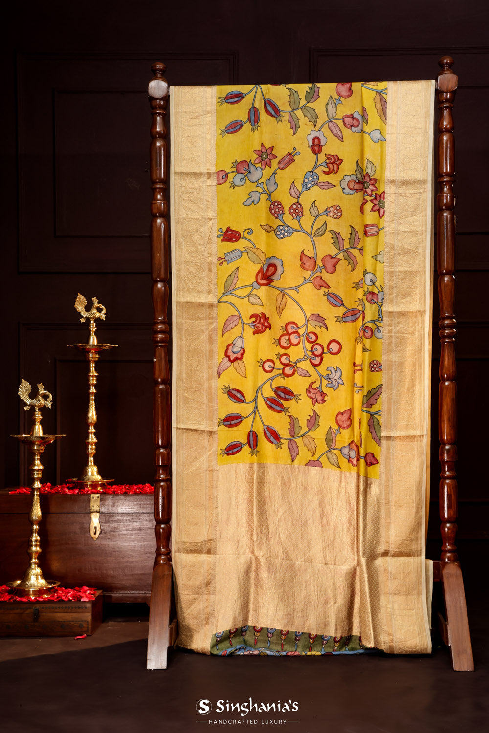 Royal Yellow Kalamkari Silk Handpainted Saree With Kanjivaram Border