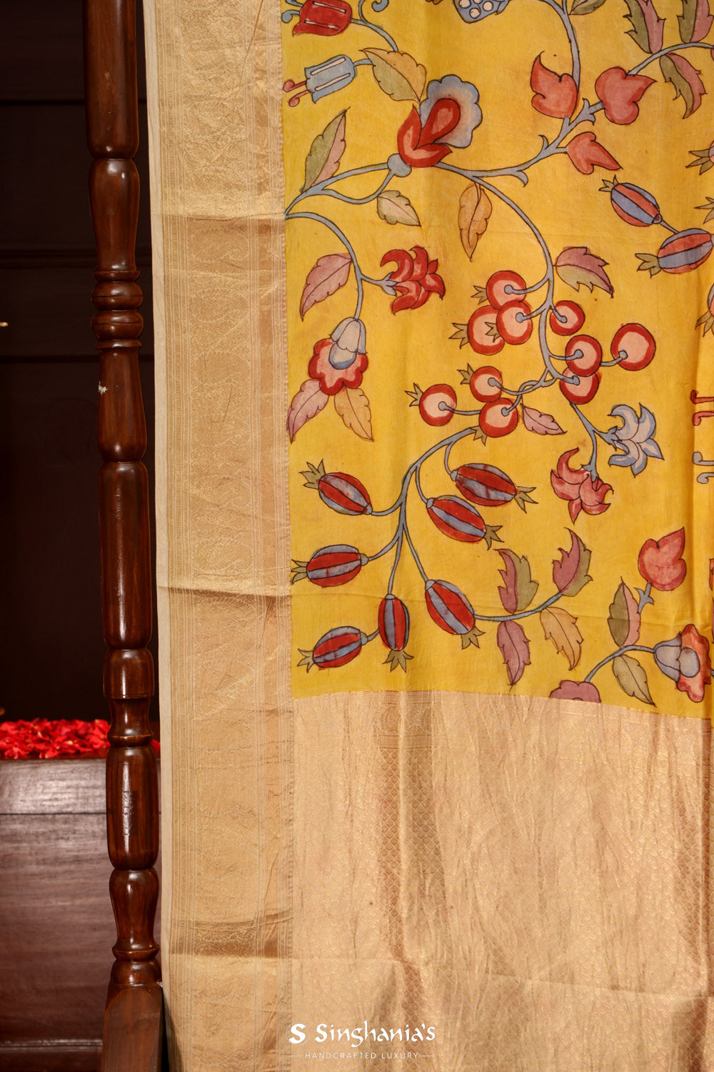 Royal Yellow Kalamkari Silk Handpainted Saree With Kanjivaram Border