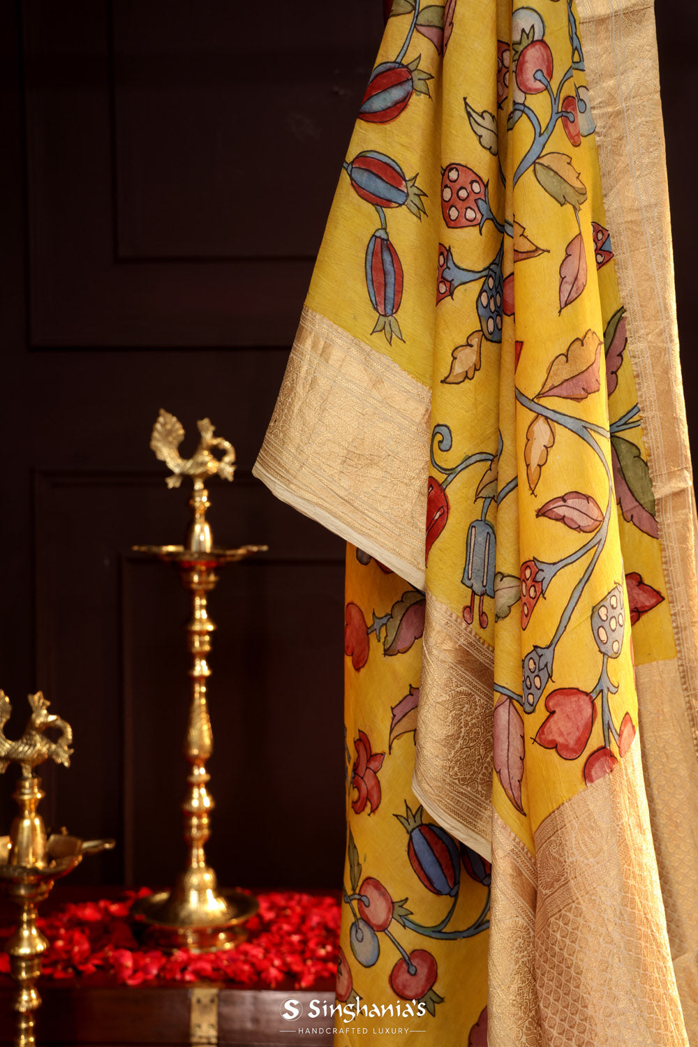 Royal Yellow Kalamkari Silk Handpainted Saree With Kanjivaram Border