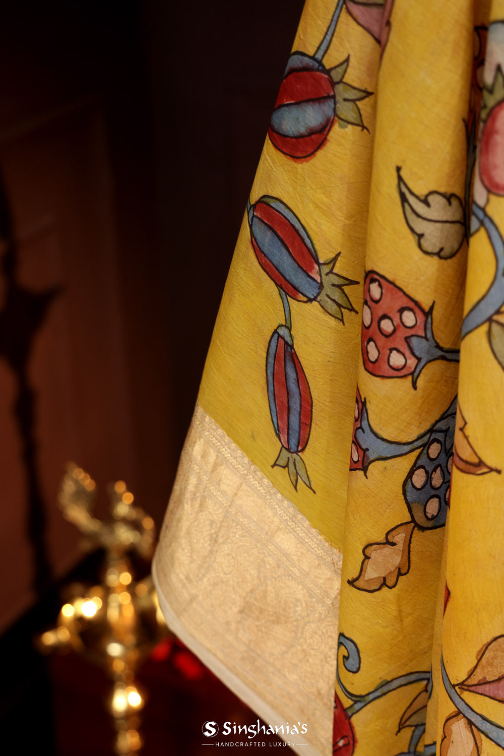 Royal Yellow Kalamkari Silk Handpainted Saree With Kanjivaram Border