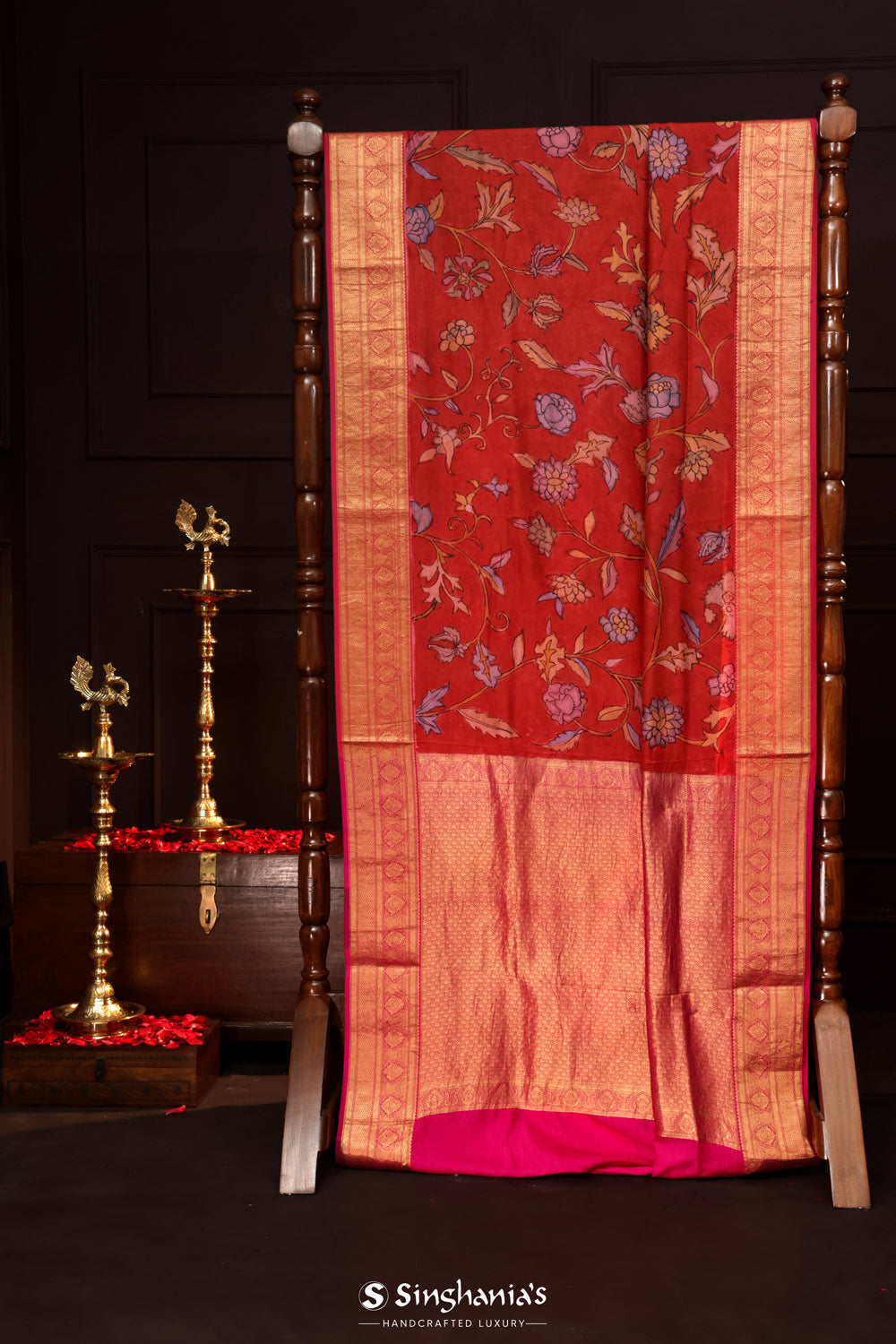 Sanguine Red Kalamkari Silk Handpainted Saree With Kanjivaram Border