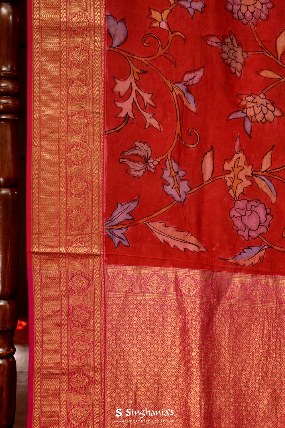 Sanguine Red Kalamkari Silk Handpainted Saree With Kanjivaram Border