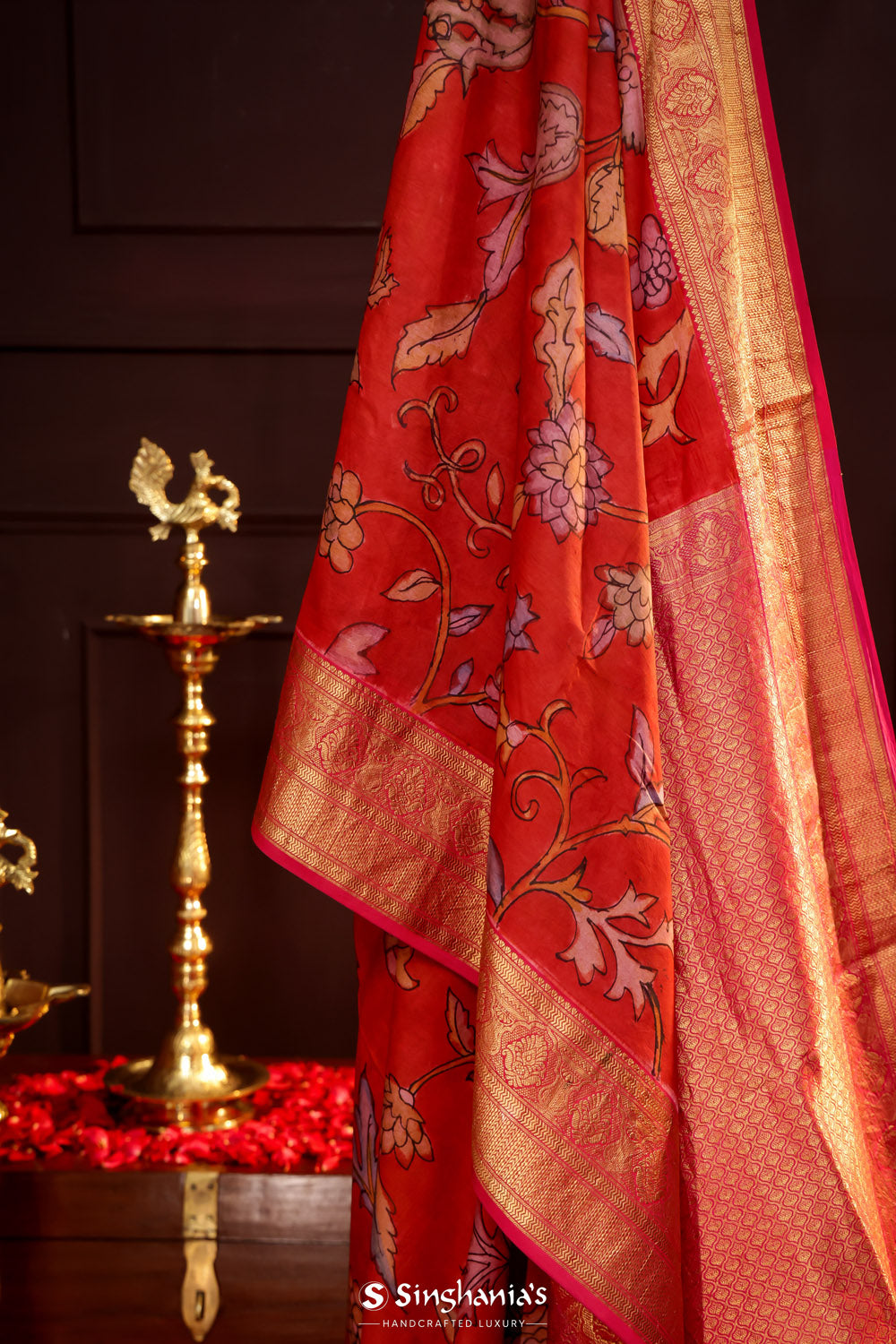 Sanguine Red Kalamkari Silk Handpainted Saree With Kanjivaram Border