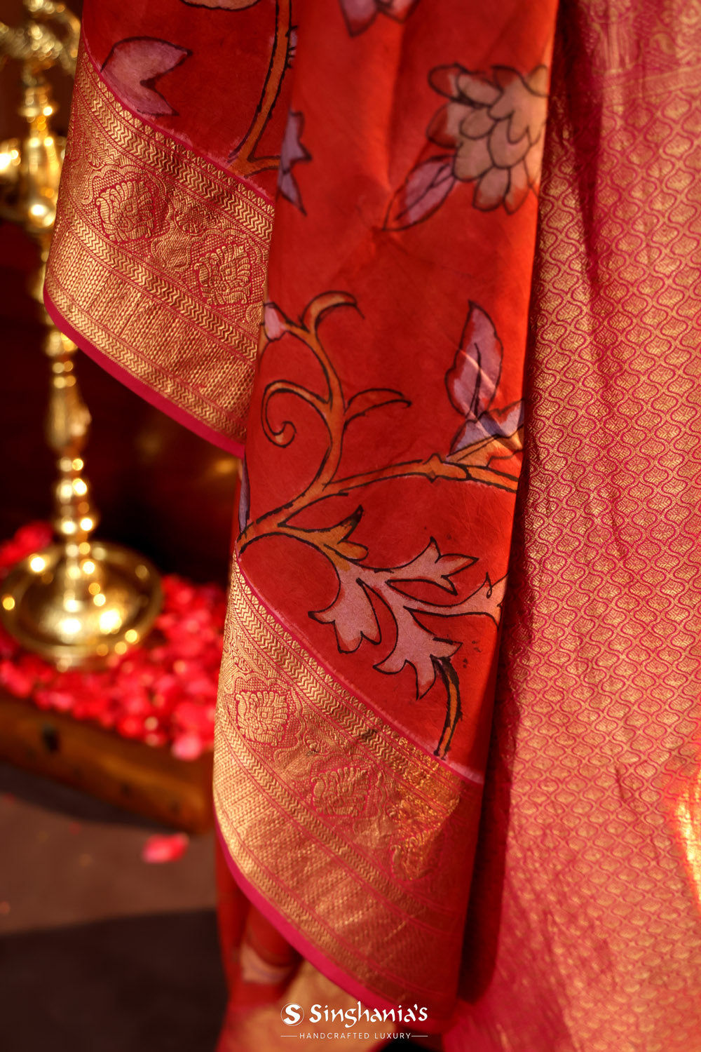 Sanguine Red Kalamkari Silk Handpainted Saree With Kanjivaram Border