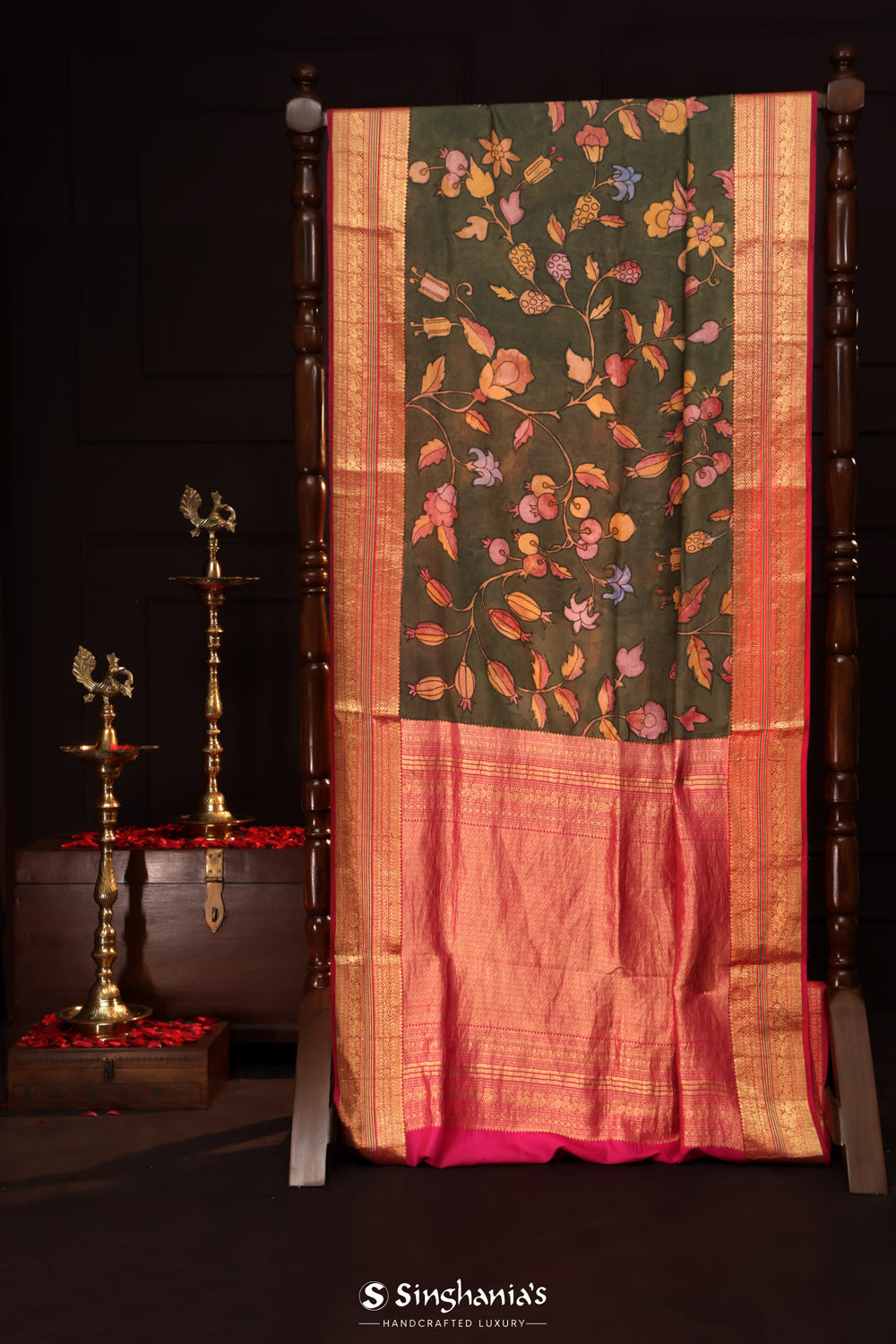 Hunter Green Kalamkari Silk Handpainted Saree With Kanjivaram Border