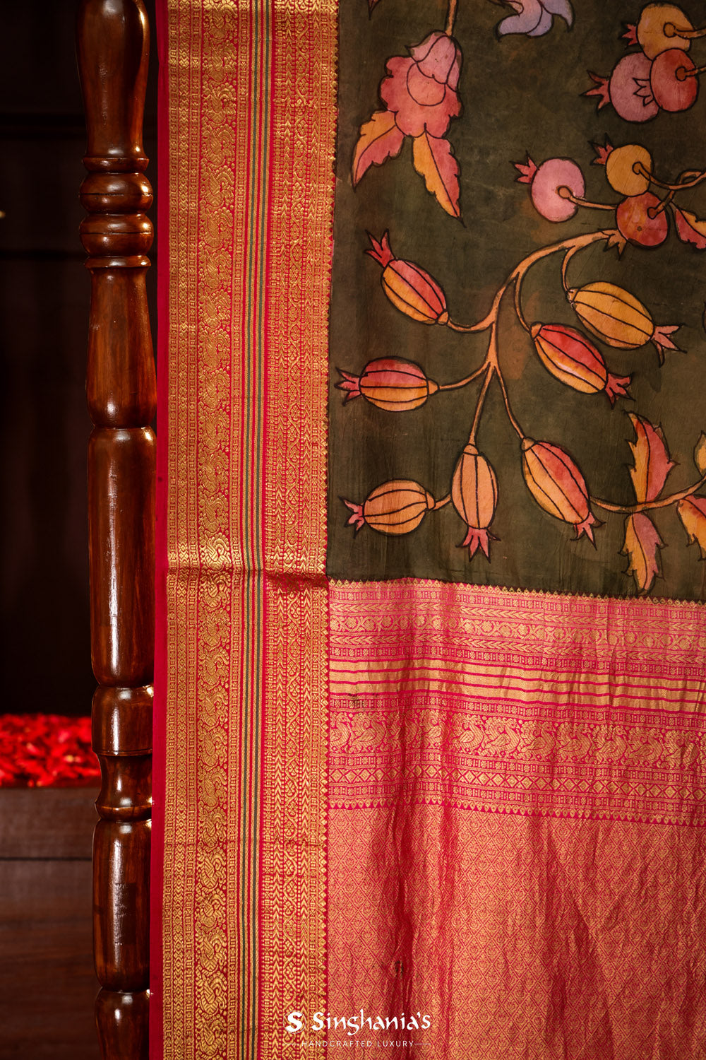 Hunter Green Kalamkari Silk Handpainted Saree With Kanjivaram Border