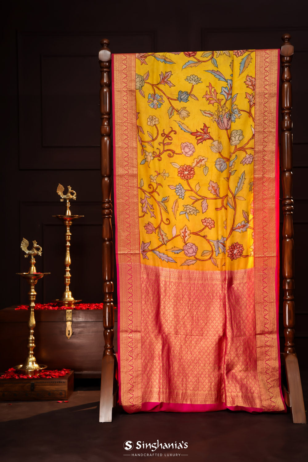 Munsell Yellow Kalamkari Silk Handpainted Saree With Kanjivaram Border