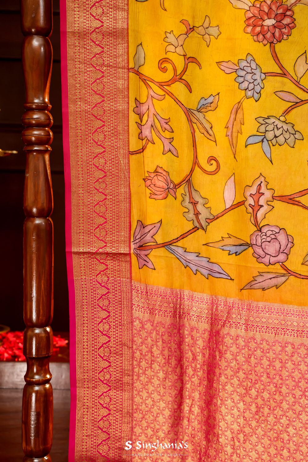 Munsell Yellow Kalamkari Silk Handpainted Saree With Kanjivaram Border